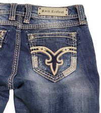 Rock Revival Denisa Fleur De Lis Embroidered Blue Denim Easy Capris Women 30