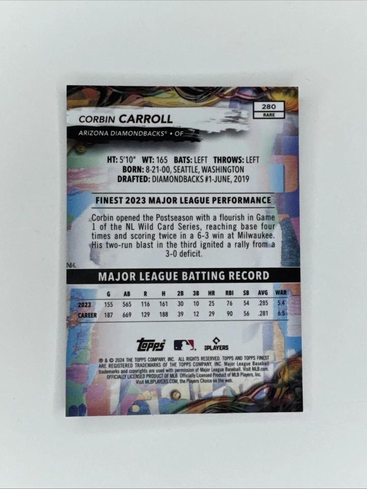 2024 Topps Finest Corbin Carroll #280 Blue Refractor RARE /99 OIL Spill - Image 2 of 2