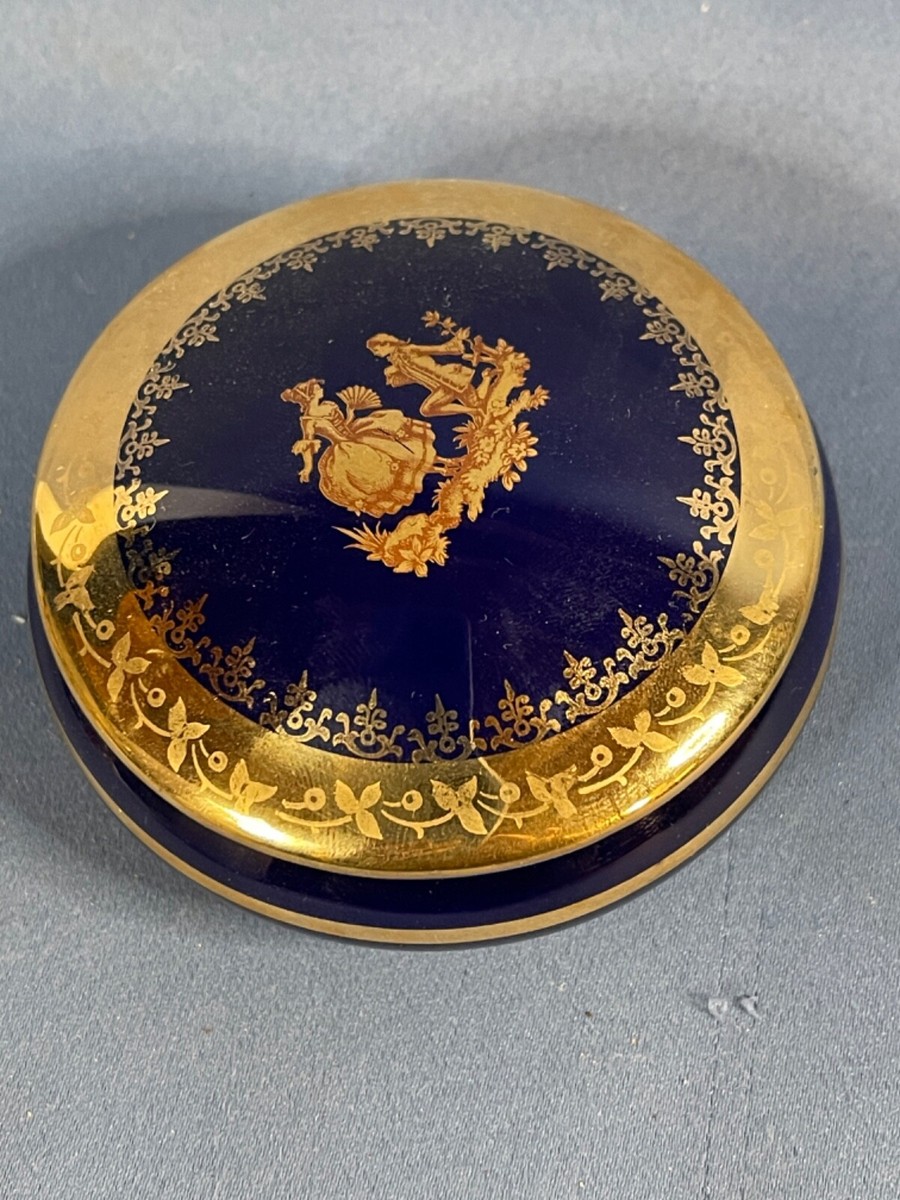 Limoges Castle Blue Porcelain 22K Gold Vintage Trinket Box France