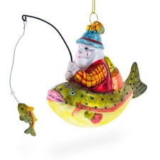 Santa Fishing on Boat Blown Glass Ornament