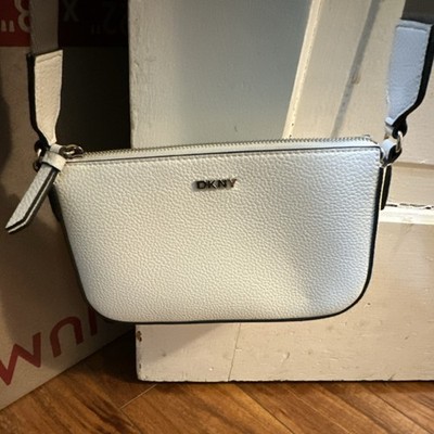DKNY White Pebbled Leather Crossbody Bag Gray Strap Zipper Accent Women's