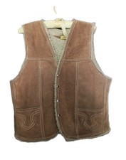Vintage Leather Vest Adult 42 Brown Suede Sherpa Shearling Snap Up Mens