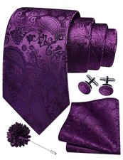 3.15"  8cm  Mens Paisley Tie and Lapel Pin Necktie Hankerchief Dark Purple