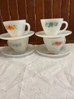 Vintage Anchor Hocking Fire King Milk Glass Floral Flower Tea Cup & Saucer Rare