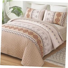 Boho Quilt Set Queen Size,Geometry Printed Bedspread Queen 96" 90" Beige