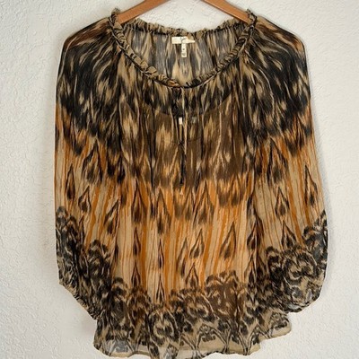 Joie 100% Silk Brown Orange Blouse Front Tie Medium Fall Boho Artsy Peasant Y2K