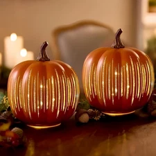 Set of 2 Illuminated Starry Night Pumpkins by Valerie Orange Fall