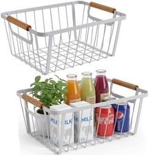 White wire baskets for organizing with Wooden Handle ,Metal Wire Storage Bask...