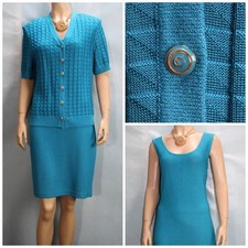 St. John Collection Teal Blue Jacket Dress L 10 8 2pc Suit Gold Buttons Sheath