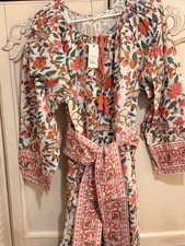 Pomegranate XL Floral Cotton Dress Coral Cream Turquoise 3/4-Long Sleeve