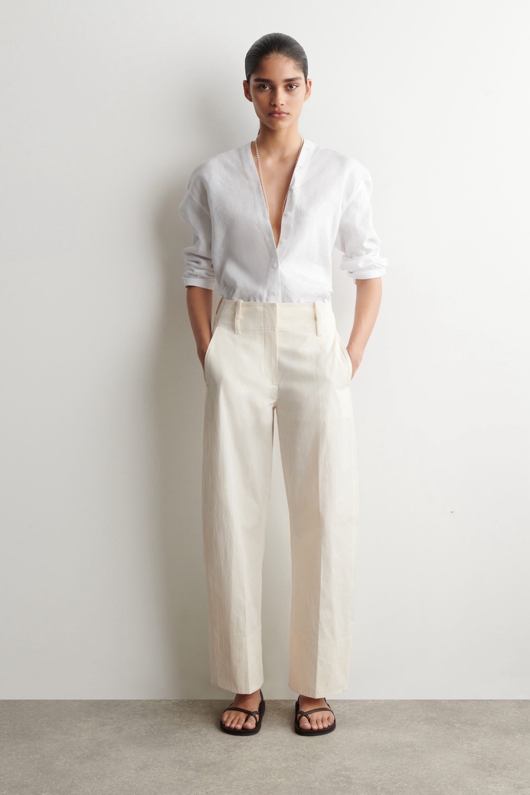 COS Womens Button Detail Linen V-Neck Shirt White Long Sleeves Size 10 NWT $129.