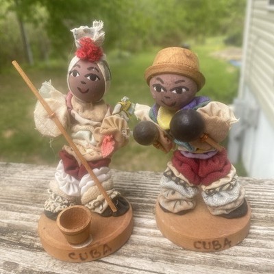 Vintage Cuban Rumba Dancer Dolls Pair Mid Century Folk Art Wooden Heads Maracas