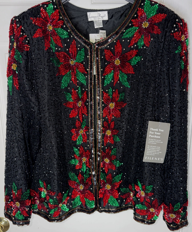 NWT Vintage 90s Lawrence Kazar Silk Sequin Beaded Poinsettia Flower Jacket Sz 3X