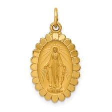 14k Yellow Gold Solid Polished Satin Medium Oval Scalloped Miraculous Medal