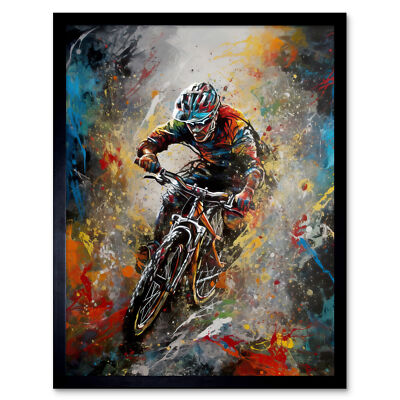 Mountainbiker Farbspritzer Action Shot Gerahmter Druck 30x40 cm