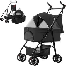 Pet Stroller Cat Dog Cage Dual 4 Wheels Foldable Carrier Strolling Cart Travel