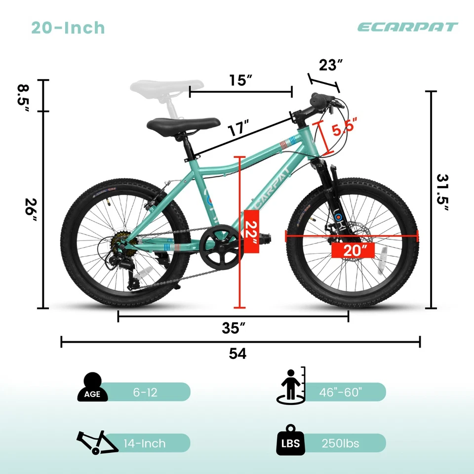 Bicicleta de montaña para niños de 20" de 7 velocidades para niños niñas de 8 a 12 años Foto 2 de 4