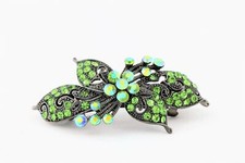 Antique silver hair barrette with complimenting color small rhinestones - Olive