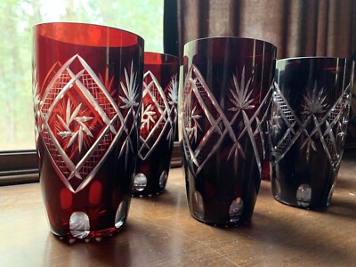 Antique Czech bohemian red crystal cut drinking barware glasses holidays party