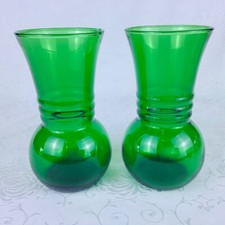 Anchor Hocking Forest Green (2) Ribbed Vases 6.25” Vintage 50s No Chips VGVC