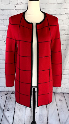 Talbots Pure Merino Wool Open Front Cardigan Colorblock Red Black Plaid Sp