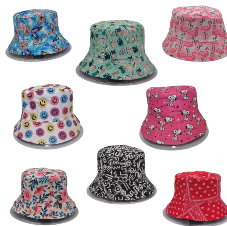 MARKENLOS Fischerhut Bucket Hat Eimerhut Anglerhut Wendehut Flamingo Blume Smiley Comic