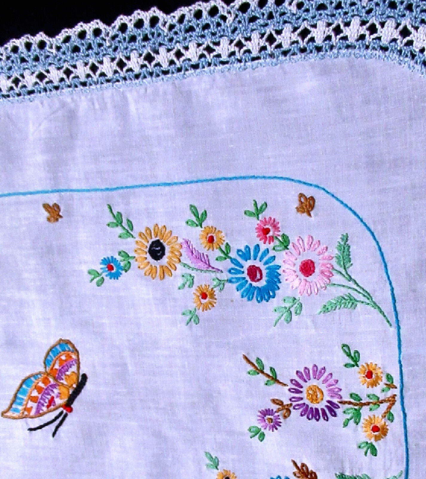Vintage 40" Linen Table Runner Handmade Blue Lace Embroidered Flowers Butterfly