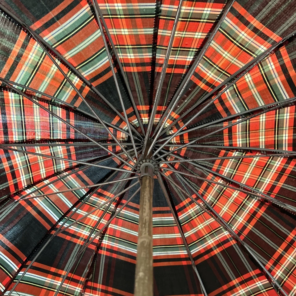 Vtg Umbrella Plaid Parasol 40’s 50's Round Lucite Handle Scalloped MCM READ - Image 4 of 4