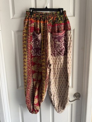 Free Size Kantha Bae Og Harem Pants Live Sale Beige Print Vtg Sari Cotton Gauze