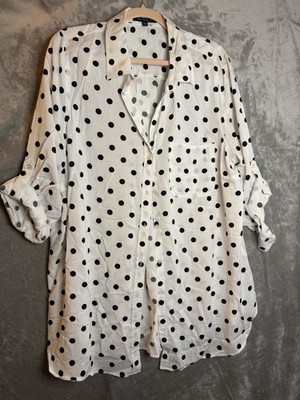 Velvet Heart 1X White Black Polka Dot Rayon Button-Up Roll Tab Sleeve Blouse