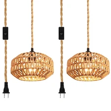 2 Pack Plug in Pendant Light Rattan Hanging Lamp with Switch,Mini Rattan Boho...