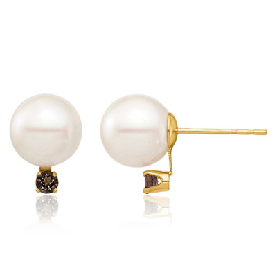 14K Solid Yellow Gold 0.18 ct Brown Smoky Quartz Pearl Large Freshwater Stud