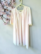 Vintage Peignoir Set Semi Sheer Pink Nylon Embroidered Lace Matching Robe 1960s