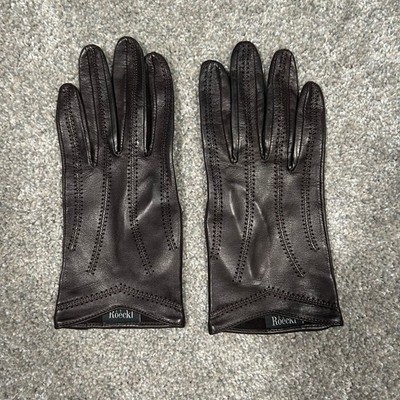 Roeckl Womens Dark Brown Leather Gloves Perforated Pointelle Size Small