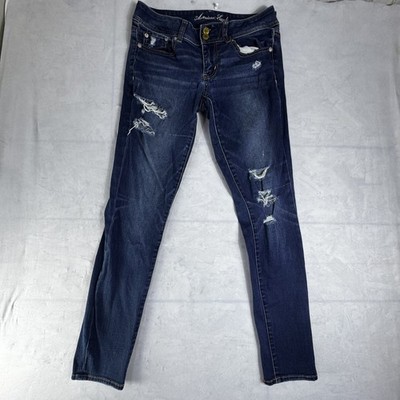 American Eagle Womens Skinny Jeans Dark Blue Washed Distressed Regular Fit 6
