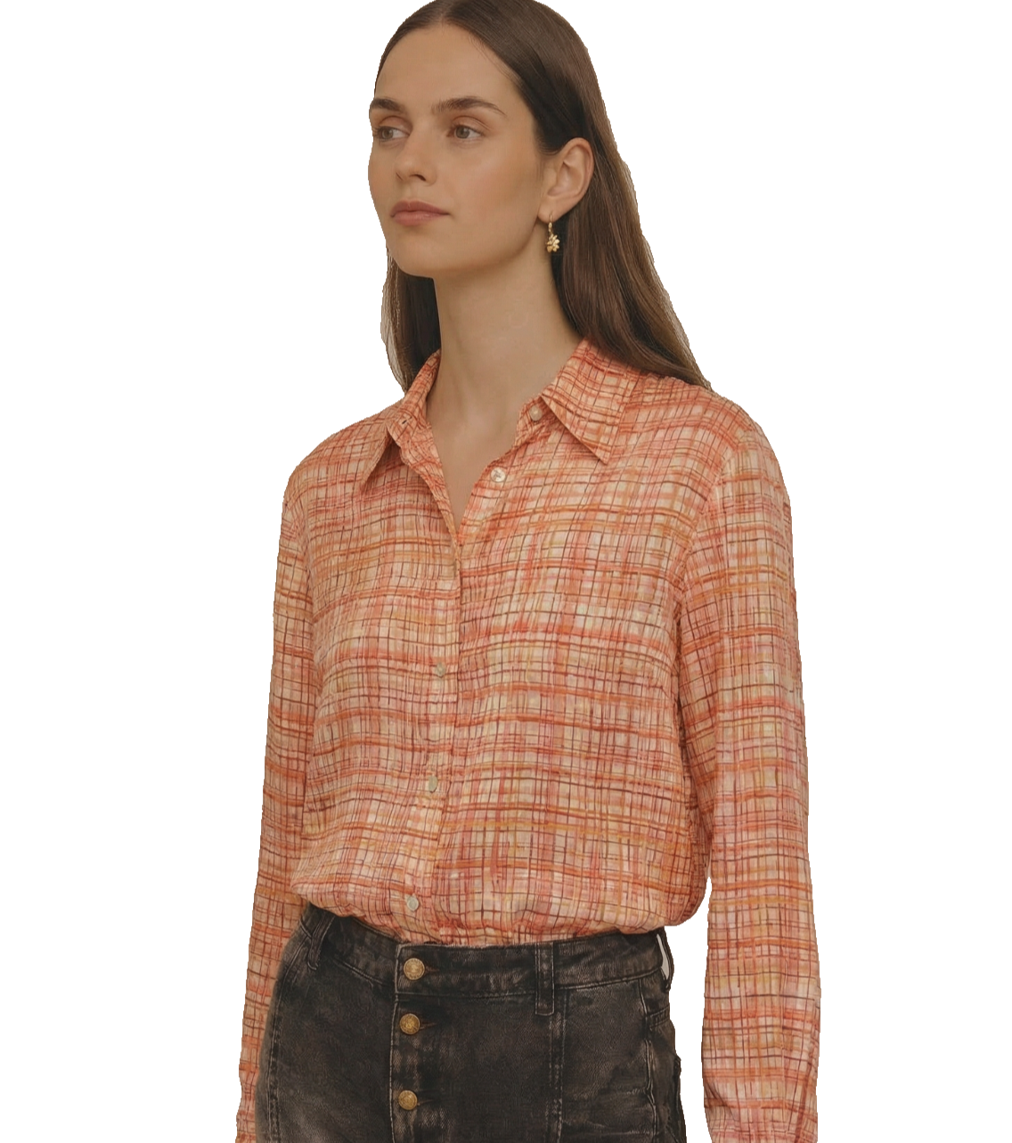 100% SILK Jacobson's Button Up Shirt Red/Green/Orange Plaid L/S Sz 14-Has Sheen