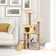 Wooden Cat Tree Climbing Tower for Large Cat with 5 Scratching Posts Yellow