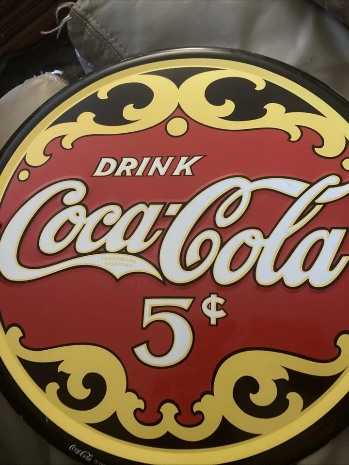 Metal Flat Coca- Cola Sign, 12” Round, Yellow, Black, Red & White - Image 2 of 4