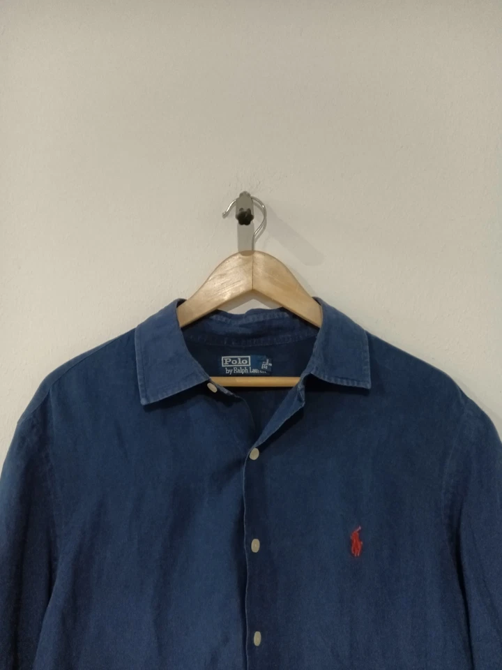 Рубашка мужская Polo Ralph Lauren L воротник на пуговицах шелковая льняная смесь синяя - Изображение 2 из 4