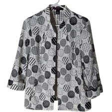 Peck and Peck Open Blazer Jacket Black White Asian Collar Sheer Womens Large SEE