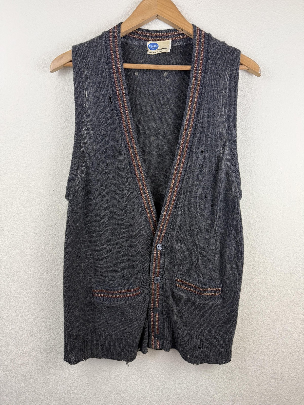 Vintage 60s Pilgrim Sweater Vest Mens Medium Gray Button Front Pockets Thrashed