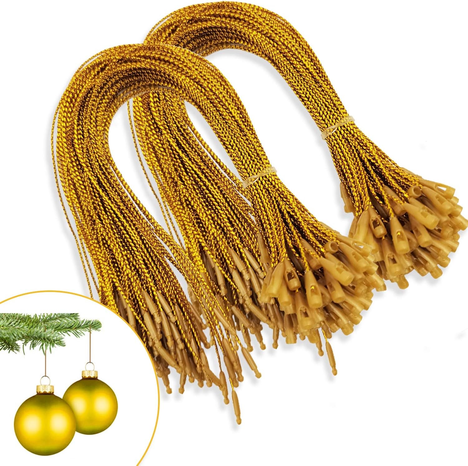 200pcs Christmas Ornaments String Hanger Gold Precut Ribbon Hook for Christmas T