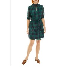 Tommy Hilfiger Tartan Plaid Dress Short Puff Sleeve Sky Captain Evergreen Size 8
