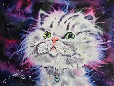 Peinture originale à l'aquarelle blanche pour chat moelleux - art mural... - Photo 1/3