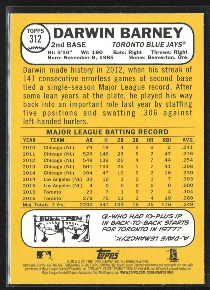 Darwin Barney 2017 Topps Heritage Flip Reverse Stock #312 Toronto Blue Jays - Image 2 of 3