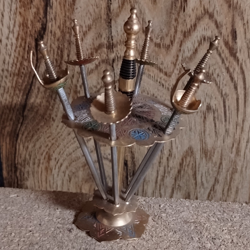 Vintage Sword Cocktail Picks Set, Gold Metal Multicolor Enamel w/ Stand, 6pk