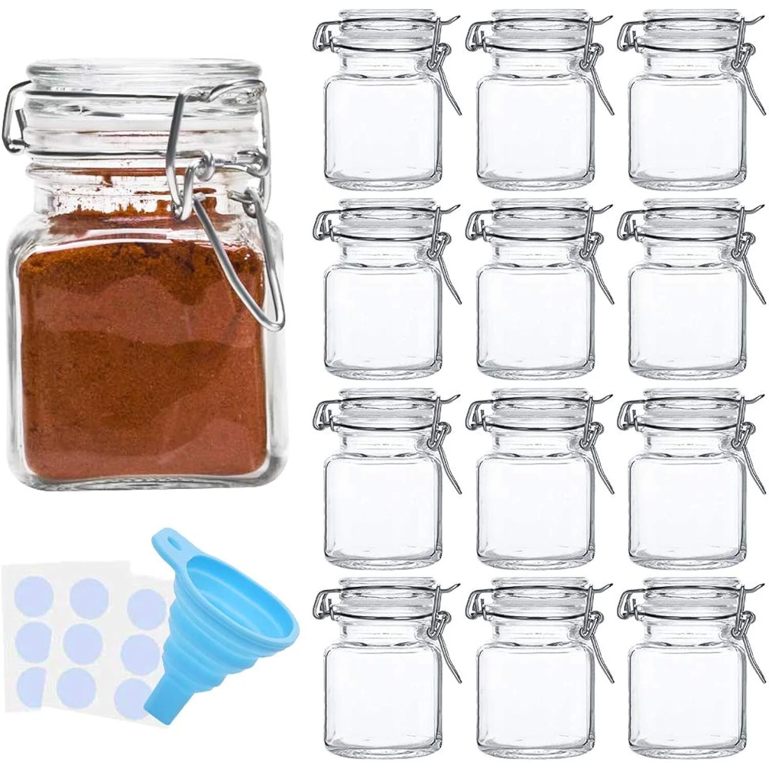 12 Pack 4oz Spice Jars with Airtight Hinged Lids Labels and Funnels