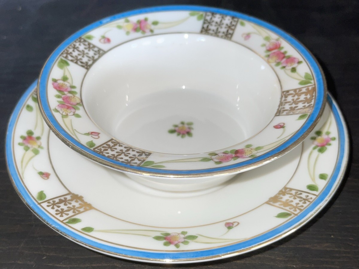Nippon Hand Painted Blue Rim, Pink Roses, Gold Trim Sauce/Berry
