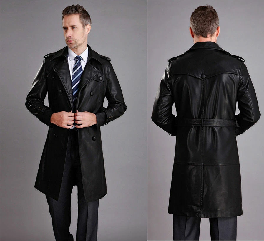 Men's Black Leather genuine lambskin Trench Knee Lenght Stylish Winter Coat