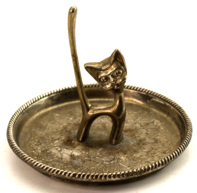 Vintage SEBA England Silver Plated Cat Kitty Kitten Ring Holder Jewelry Tray 4x5